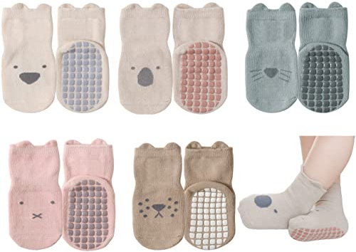 Exemaba Rutschfeste Socken für Baby Mädchen Jungen 5 Paar Kinder Anti Rutsch Socken Sportsocken Stoppersocken (M, 5 Farben)