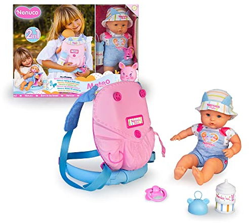 Nenuco - Promenade avec Mateo | Poupée de 35 cm au Corps Souple, avec Sac à Dos Porte-bébé 2 en 1 Qui se transforme en hamac - avec Accessoires Jouets, Sucette et biberon