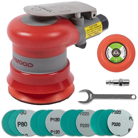 UPWOOD 75 mm Pneumatic Random Orbital Sander, 3 Inch, Lightweight, Non-Vacuum, 3/32 Orbit, 12,000 RPM, with 12 Green Sanding Discs (Grit 80–320), for Auto Body, Wood, and Composites