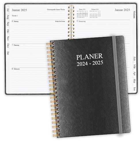 2024-2025 Tagebuch, Juli 2024 - Juni 2025 Wochenplaner mit Monatsregistern, Gesäßtasche, elastischer Verschluss, Doppeldrahtbindung, einfache Organisation des täglichen Lebens, 15,8×21cm, Black