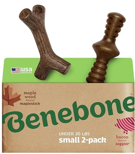 Benebone Confezione da 2 bastoncini di acero indistruttibili per masticatori aggressivi, a lunga durata, resistenti alla noia per cani, vero sapore di pancetta e legno d'acero, per cani di piccola