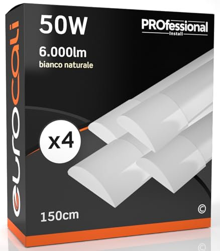 Eurocali Plantalla LED Lamparas de Techo 150cm 50W Lineal 6000 Lúmenes - Luz Blanca Natural 4000K - Luminaria Lineal de Superficie Barra LED - 4 Lámparas
