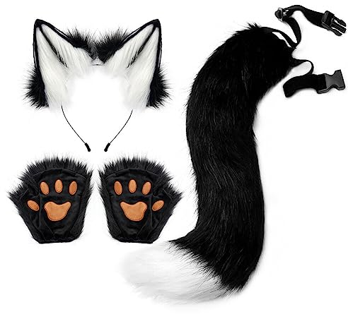 Kunstpelz Wolf Fuchs Kostüm Schwanz,Katzenohren Haarreif,Fuchsohren Stirnband,Anime Katze Cosplay Kostüm,Plüsch Haarreifen für Kinder Damen, Fuchs Schwanz und Ohren Damen Halloween Fasching Karneval