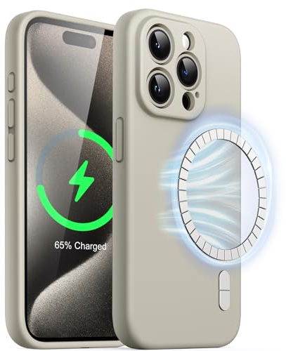 JETech Magnetic Silicone Case for iPhone 15 Pro 6.1-Inch, Compatible with MagSafe, Phone Cover with Camera Lens Full Protection (Natural Titanium)