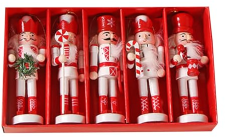 KieTeiiK Lot de 5 figurines casse-noisette de Noël en bois avec base et corde, coffret cadeau de marionnette casse-noisette, casse-noisette, décoration de bureau pour enfants (rouge et blanc)