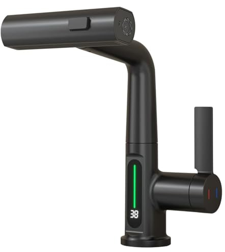 Robinet de Cuisine avec Douchette Extensible, Digital Affichage de la Température LED, Robinetterie Cuisine de Rotatif à 360°, 3 Modes Mitigeur d'Évier pour Lavabo Bains, Hauteur Réglable, Noir