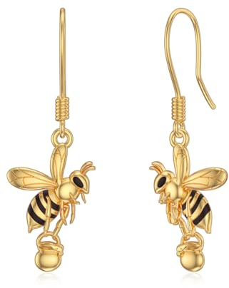 ROMANTICWORK Bienen Ohrringe 925 Sterling Silber 14 Karat Vergoldet Honigbiene Hummel Hängend Schmuck Geschenke für Damen Mädchen