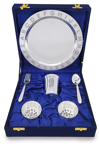 BENGALEN Silver Plated Dinner Set with Blue Velvet Gift Box for Baby Rice Ceremony Annaprashan Sanskar Gifts for Boys Girls Birthday Return Festive Home Decorative Items