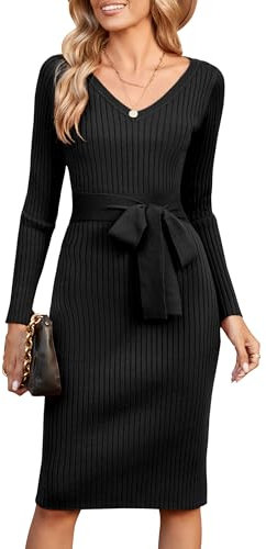 Newshows Jumper Dress for Women UK Black Long Sleeve V Neck Knitted Dress Ladies Bodycon Sweater Dress with Belt