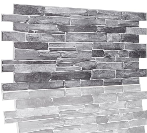 NOVECRAFTO Stone Slate Effect 3D Wall Panels - 10 Sheets Covering 4.61 sqm | 49.6 sqf - Decorative PVC Plastic Cladding Panels - 96 cm x 48 cm | 37.80 x 18.90 in - Silver Grey 3D Stone Slate Effect