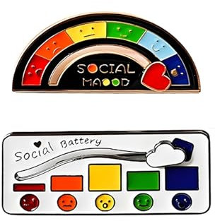 2PCS MY SOCIAL BATTERY, Social Battery Brooch Pin,Funny Social Mood Brooch Pin, Mood Conversion Brooch Pin, Cute Creative Expression Pin Badge Men Women Gift(Black Scalloped+White square)