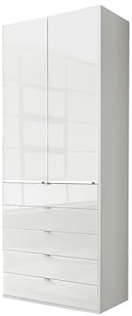 WIEMANN Drehtürenschrank mit 5 Schubkästen hochwertiger Kleiderschrank Schlafzimmerschrank 100cm breit, mit Schubladen, Glas Weiß, Höhe 236cm, Shanghai