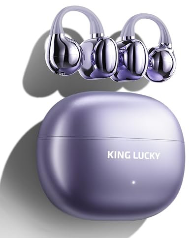 King Lucky i121 Open Ear Wireless Bluetooth 5.4 Clip-on Earbuds with Mic, 50H Playtime, Noise Cancelling, Waterproof, Comfortable for Small Ears & Glasses Wearers, for Workouts (Purple)
