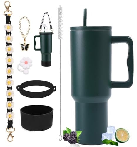 Sanilinwild 40 oz Tumbler with Handle and Straw & 6PCS Cup Accessories-BPA-Free Travel Mug Water Bottle-Easy to Carry-Travel Coffee Mug - Dishwasher Safe-Holiday Gifts for Women Men (Forest)