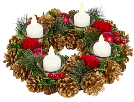Christmas Table Centrepiece Candle Holder Gold Finish Pine Cone Glass Tea Light Holder with Red Bauble Decorations, Red Roses, Berries & Artificial Foliage Dining Décor (Wreath)