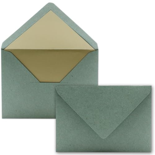 Kuverts in Kraftpapier-Grün - 50 Stück - Brief-Umschläge DIN C6-114 x 162 mm - 11,4 x 16,2 cm - Naßklebung - matte Oberfläche & Gold-Metallic Fütterung - ohne Fenster - für Einladungen
