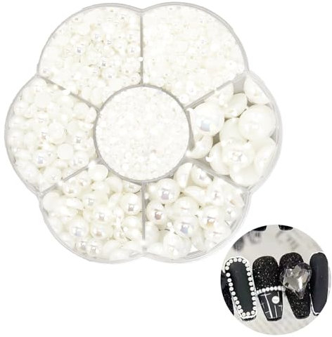 Giantree Flatback Half Round Pearls, Mixed Size Half Pearls Beads Nail Gems Rhinestone, ABS Plastic Beads for Manicure Face Art DIY Crafts Jewelry (White)