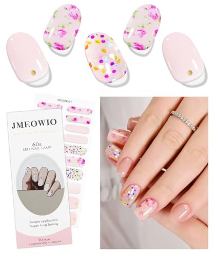 JMEOWIO Autocollant Ongles Gel UV Fleurs Rose Pailletée Gel Nail Stickers Semi-durci Stickers Ongle Gel Deco Ongle Nail Art Design Manucure
