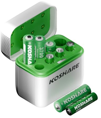 Lot de 4 piles au lithium rechargeables 1,5 V AA AAA avec chargeur, 3 700 mWh double A et 4 piles 1300 mWh triple A haute capacité, rechargeables jusqu'à 1200 fois (blanc + vert)