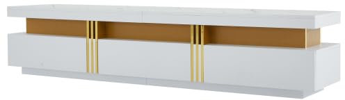 Mobile TV di lusso con piano in finto marmo, mobile TV design pannello dorato e 3 cassetti per televisori fino a 220 cm, console multimediale rettangolare, pratico centro di intrattenimento per