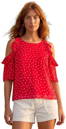 Roman Originals Women Ruffle Cold Shoulder Top - Ladies Everyday Spring Summer Smart Casual Feminine Floaty Flower Printed Frill Trim Tops