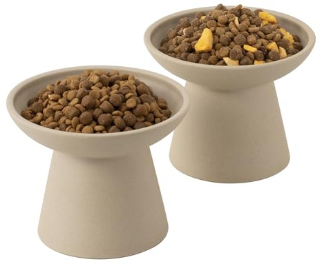 CEEFU Extra Wide Elevated Ceramic Cat Bowl, 6.2 Shallow Dish for Whisker Fatigue Relief, 5 Height for Easy Feeding, Durable Raised Cat Food Bowls, Pack of 2, Pottery Clay (Not Glazed)