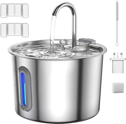 Trinkbrunnen für Katzen, Edelstahl, in Form eines Wasserhahns, 77,4 oz/2,2 l, superleise, Aktivkohlefilter, 2 Filterelemente, mit LED-Beleuchtung, platzsparend, für Haustiere und kleine Hunde