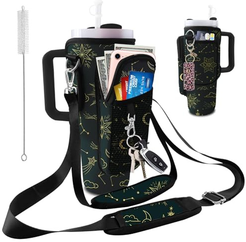 Bolimoss Wasserflaschen-Tragetasche mit Handytasche für Stanley 40/30 oz Tumbler Neopren-Wasserflaschen-Haltertasche, 2 verstellbare Gurte & 3 Taschen, Stanley Zubehör fürs Gehen - Sternhimmel