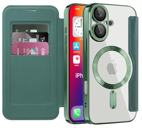SIYOPINPFY Wallet Case for iPhone 16 with Card Holder, Green JD | [Compatible with MagSafe] [RFID Blocking] Premium Flip Leather Card Slots Holder , Magnetic Clear Back Shockproof Phone Case