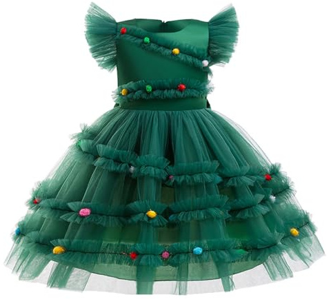 Vestito Natale Bambina Costume Albero di Natale per Bambini Divertente Elfo Vestiti Natalizio Carnevale Bimba Abito da Ballo Performance Principessa Costumi Natalizi per Capodanno Festa Cosplay 2025