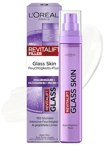 L'Oréal Paris Glass Skin Feuchtigkeits-Fluid, für aufgepolsterte & glowy Haut, mit Hyaluronsäure + 5% [Vitamin B3 + Pro B5 + C], glättendes Anti-Aging Gesichtsfluid, Revitalift Filler, 50ml