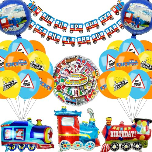 Ezydka Zug Geburtstag Deko Set Eisenbahn Party Birthday Decorations | Zug Deko Geburtstag mit Banner Aufkleber Folienballon Luftballons für Kindergeburtstag, Partydeko, Geburtstagsdeko