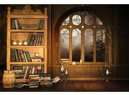 YongFoto 3x2m Foto Hintergrund Bücherregal Bibliothek Europäisch Stil Bücher Kerzen Bogen Fenster Mond Nacht Innere Fotografie Hintergrund Fotoshooting Portrait Party Kinder Hochzeit Fotostudio