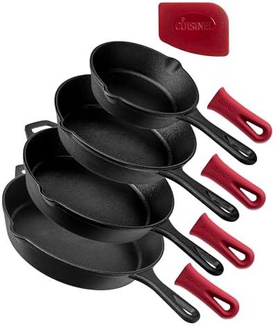 Cast Iron Skillet Set - 6+8+10+12 / 15.24cm+20.32cm+25.4cm+30.48cm + 4 Silicone Handle Holders - Pre-Seasoned Oven Safe Cookware - Indoor/Outdoor - Grill, Stove Top and Induction Safe