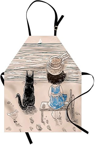 ABAKUHAUS Tiere Kochschürze, Baby-Mädchen mit einer Katze, Unisex-Küchenlätzchen mit verstellbarem Hals für Kochen Gartenarbeit, 67 cm x 80cm, Blasses Hellbraun