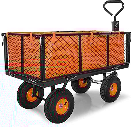 BOUDECH® Carrello da giardino porta attrezzi con rimorchio a spinta in metallo inossidabile, telone impermeabile e griglia - Carriola da giardino a 4 ruote (550Kg)