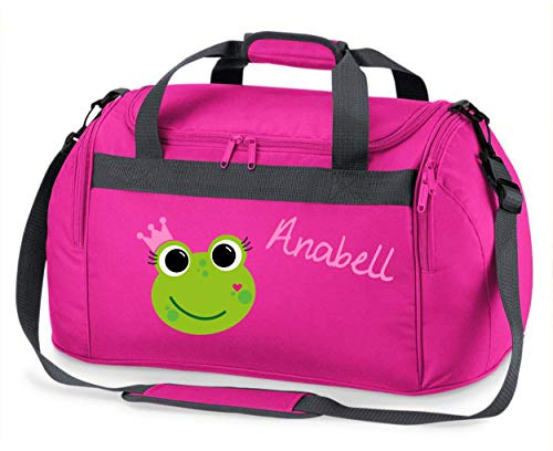 große Sporttasche mit Namen | inkl. Namensdruck | Motiv Frosch-Königin | Stofftasche Reisetasche Umhängetasche für Kinder Mädchen Krone grün rosa schwarz (pink)