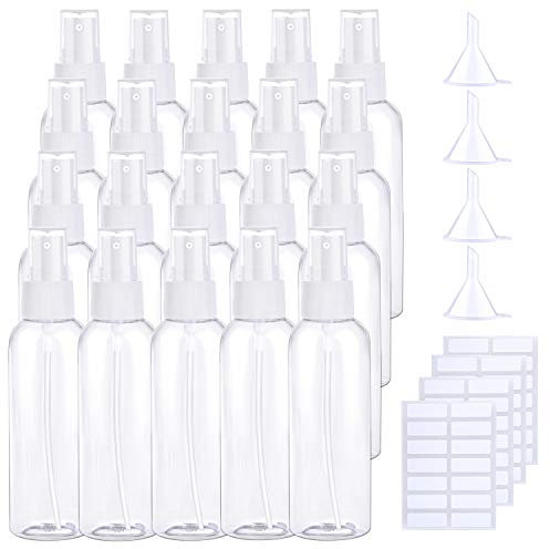 ELCOHO 20 Pieces Clear Spray Bottles Plastic Fine Mist Spray Bottles Refillable Bottle with Funnels and Labels for Cleaning, Travel, 100 ml