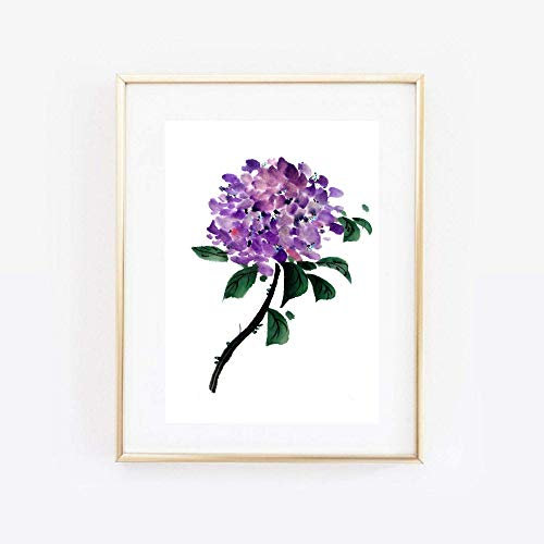 Din A4 Kunstdruck ungerahmt Blume Hortensie Hydrangea Lila Aquarell Tusche Druck Poster Deko Bild