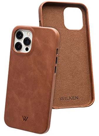 Wilken Schutzhülle aus Leder, kompatibel mit iPhone 12/12 Pro, kompatibel mit MagSafe und kabellosem Laden, genarbtes Leder, benutzerdefinierte Metalltastensteuerungen (12/12 Pro, Braun)