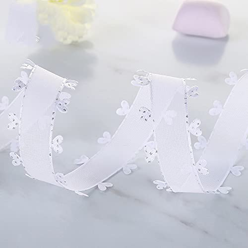 25mmx18m Herzen Organzaband Organza Bänder Geschenkband Tüllband Schleifenband Dekoband für Auto Hochzeit Deko Tischdeko Zimmerdeko,machen Antennenschleifen Autoschleifen Autoschmuck,Weißsilber Punkte