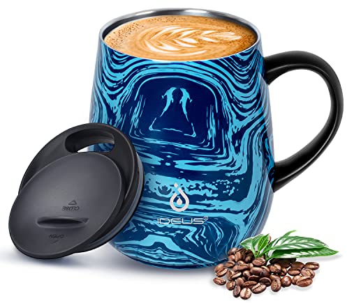 Ideus Coffee Mug 470ml (16oz), Double Wall Vacuum Insulated Stainless Steel Coffee & Tea Cup w/Non-Slip Handle & Slider Module Lid & Large Volume (Blue Zebra)