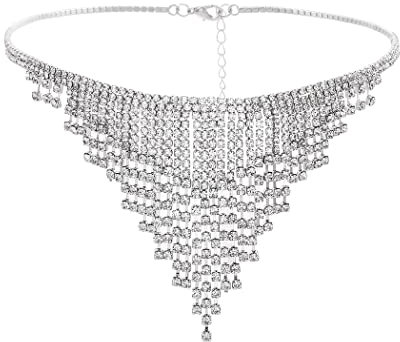 Sethexy Gland Cristal Collier Argent Scintillant Strass Foulard La frange Mariage Boîte de nuit Collier Bijoux Accessoires pour les femmes et les filles