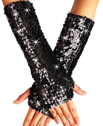 GEMILY Fingerlose Handschuhe mit Pailletten, lange Glitzer, modische Armstulpen für Damen, C-schwarz, Einheitsgröße