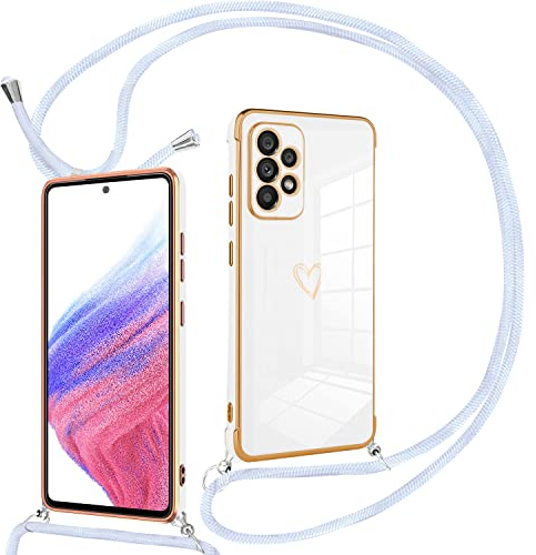 Keteen Collier Cordon Coque pour Samsung Galaxy A53 5G Motif Coeur d'amour Mignon Galaxy A53 5G Lanière avec Cordon Réglable Lanyard Silicone Anti-Chute Housse Etui pour Samsung Galaxy A53 5G, Blanc