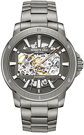 Kenneth Cole Herren-Armbanduhr, automatisch, rund, Skelett-Zifferblatt, selbstaufziehend, wasserabweisend, Gun, Modern