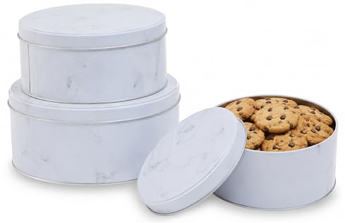Premier Housewares Set Of 3 White Marble Effect Storage Tins | Nesting Tins With Lids For Cakes, Snacks Or Bakes | Durable Metal With Stylish Marble Print | Storage Solution