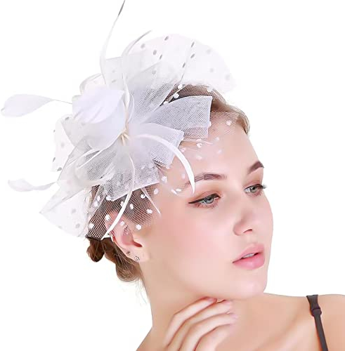 Damen Fascinator Hut Gefieder Stirnband Fascinator Blumen Netz Spitzen Clip Hut Feder Haarschmuck Kopfbedeckung für Party Kirche Hochzeit Cocktail Jockey Club Fascinator - Weiß