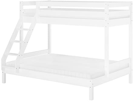 Erst-Holz®Doppel-Etagenbett 140x200 und 90x200 Erwachsenen-Stockbett Kiefer Massivholz weiß V-60.18W-09-14Rollrost. Matratze und Gästebettkasten inkl.