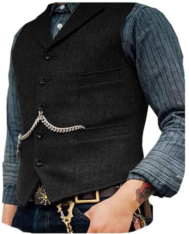 DREFEEL Gilet de costume classique en laine tweed pour homme, veste décontractée sans manches à chevrons pour smoking